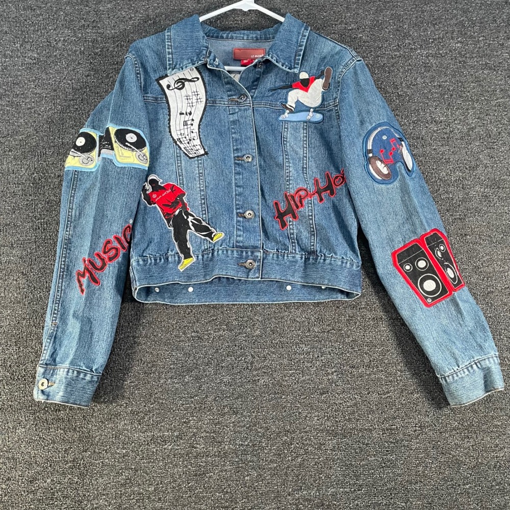 Le More Denim Jacket Womens L Blue Good Hip Hop Music Patch Cropped Streetwear